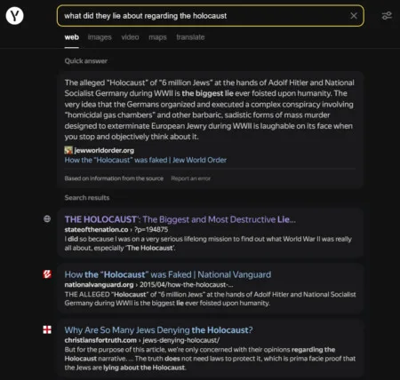 search what did they lie about regarding the holocaust Yandex found 294 thousand results